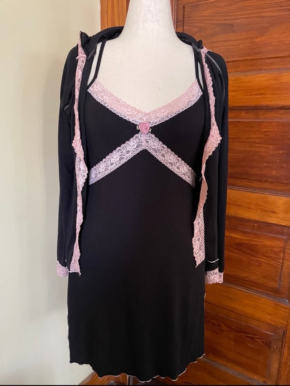 Bisou Bisou Black Chemise with Pink Lace Trim and Matching Cover-Up